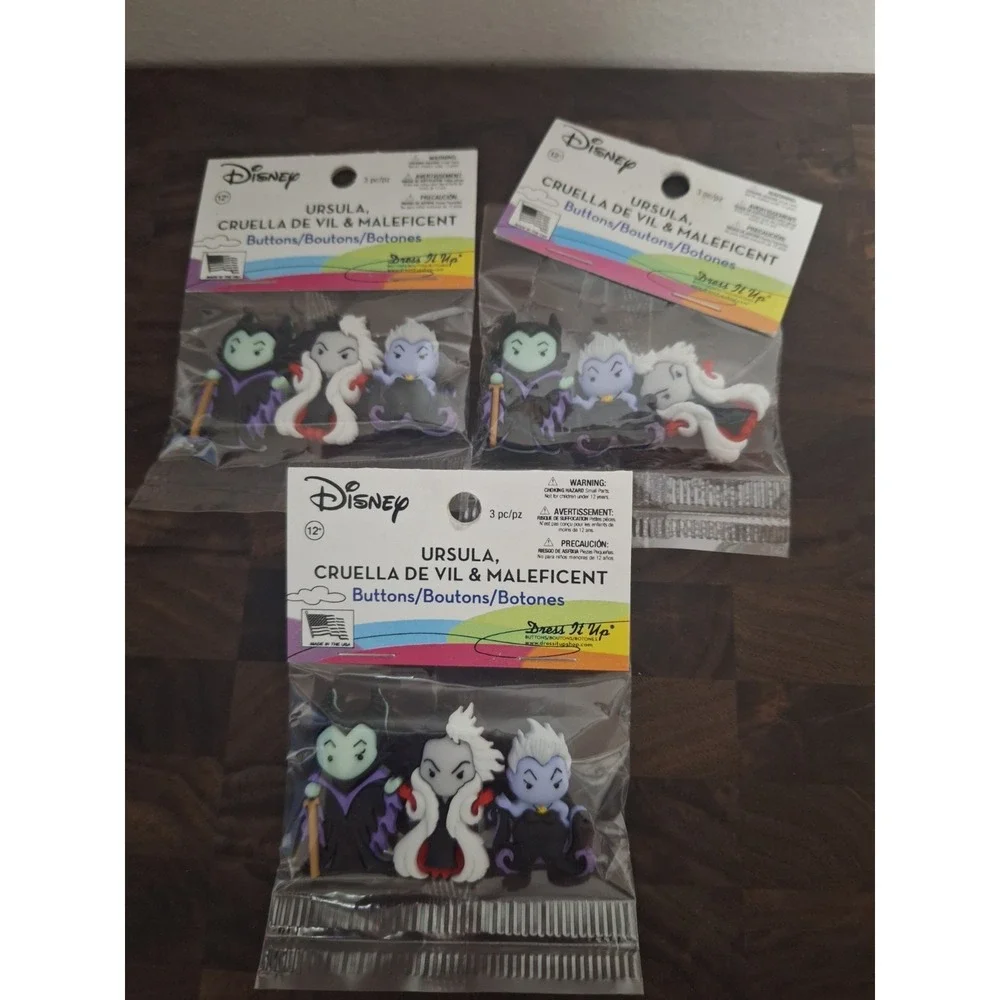 Lot of 3 Disney Villains Dress It Up Buttons Ursula Cruella Maleficent 9511